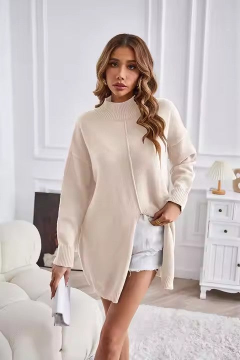 Damen Grobstrickpullover mit hohem Kragen und asymmetrischem Schnitt EB