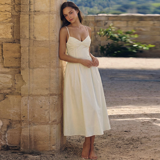 Damen Maxikleid mit tiefem V-Ausschnitt und fließendem Rock EB