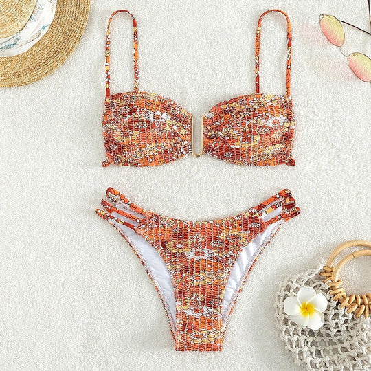 Damen Bikini-Set mit verspieltem Mustermix und modernen Schnürdetails EB