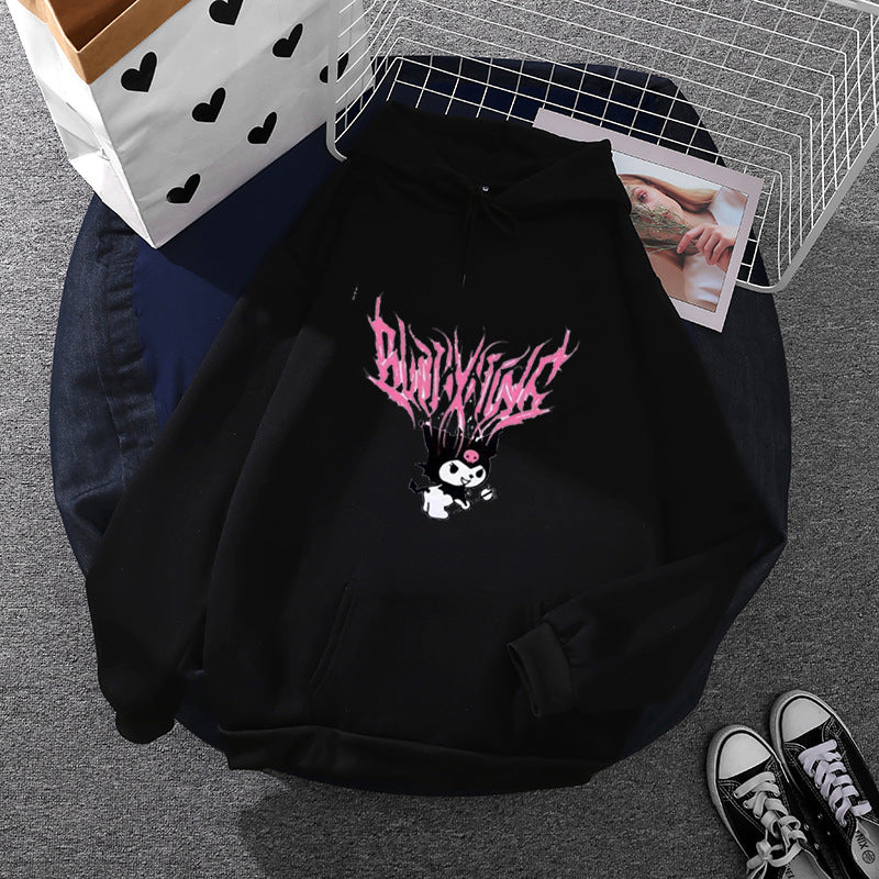 Damen nan lockeres Kapuzensweatshirt aus angerautem Fleece mit Kängurutasche und kawaii-Charakter-Print EB