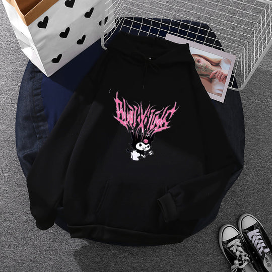 Damen nan lockeres Kapuzensweatshirt aus angerautem Fleece mit Kängurutasche und kawaii-Charakter-Print EB
