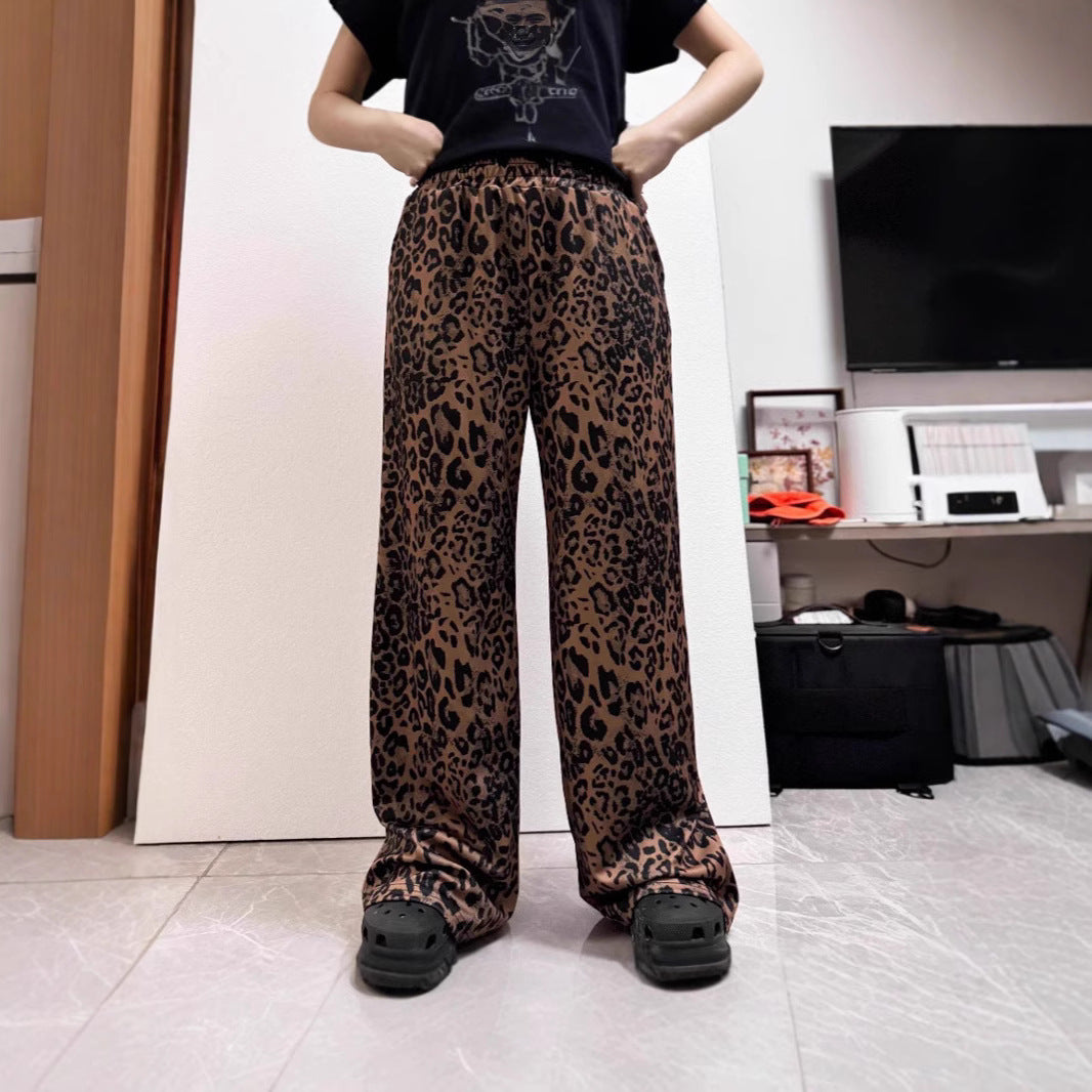 Damen Weit geschnittene Leinenhose mit Leopardenmuster EB