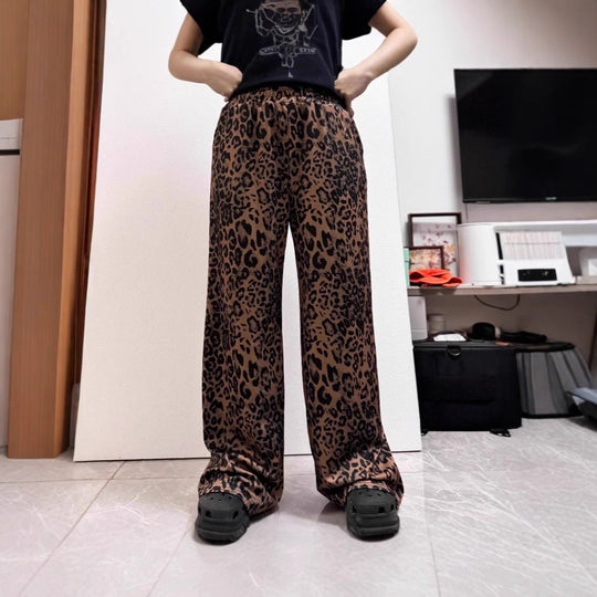 Damen Weit geschnittene Leinenhose mit Leopardenmuster EB
