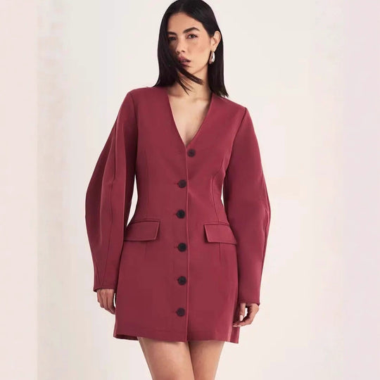 Damen Tailliertes Blazer-Minikleid mit Ballonärmeln und Pattentaschen EB