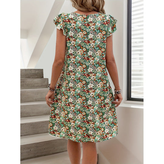 Damen Freizeitkleid mit floralem Muster und Rüschendetails EB