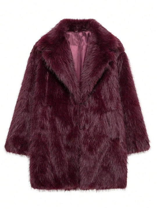 Damen luxuriöse Kunstfelljacke mit weichem Revers und großen Taschen EB