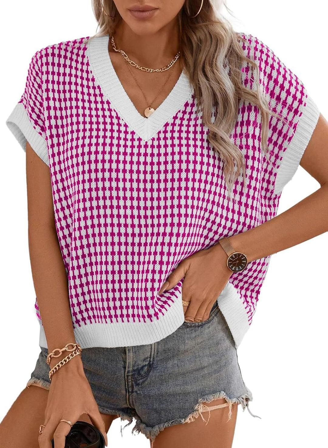 Damen lässiger V-Ausschnitt Pullover mit geometrischem Muster EB