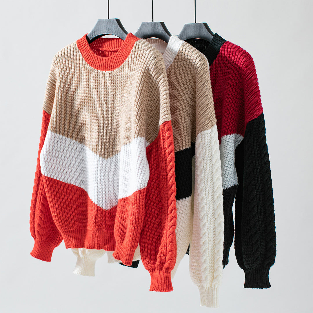 Damen Strickpullover mit modernen Farbblocklinien und Zopfmuster EB