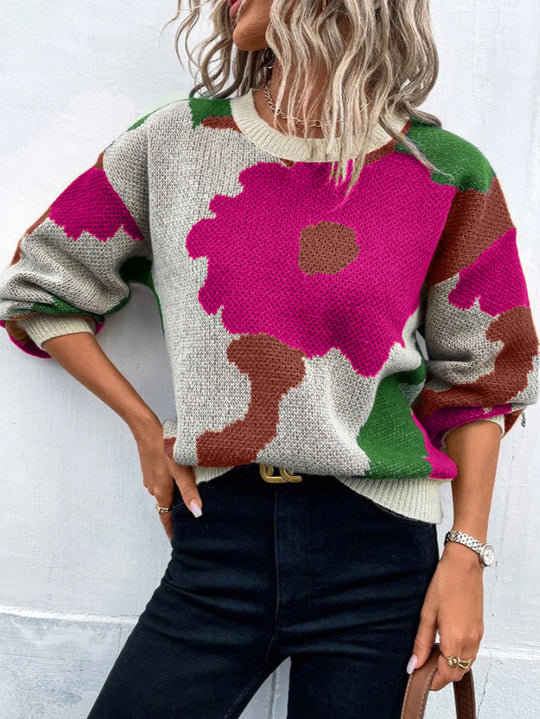 Damen modischer Pullover mit floralem Muster und weiten Ärmeln EB