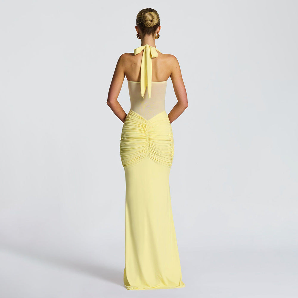 Damen Elegantes Maxikleid mit Tiefem Rückenausschnitt und Raffinierten Falten EB