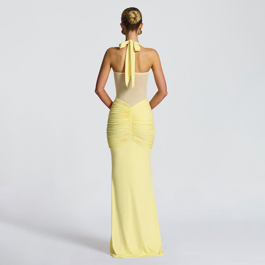 Damen Elegantes Maxikleid mit Tiefem Rückenausschnitt und Raffinierten Falten EB