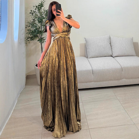 Damen Glamouröses Plissee-Maxikleid mit tiefem V-Ausschnitt und Puffärmeln EB