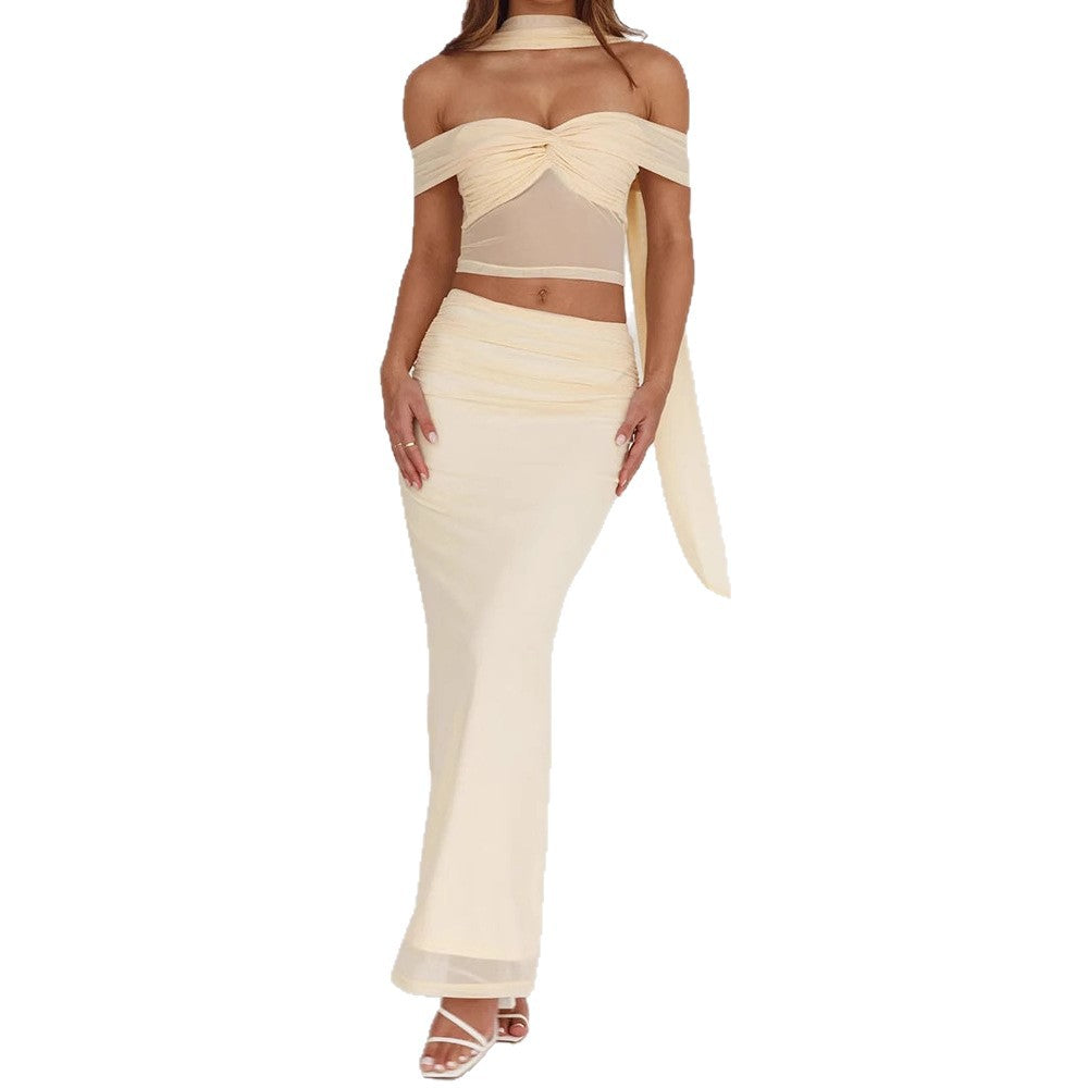 Damen elegantes Wickelkleid mit schulterfreiem Oberteil und drapierter Silhouette EB