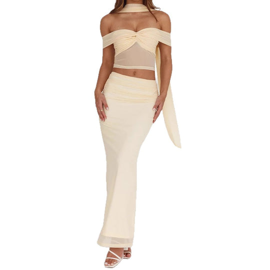 Damen elegantes Wickelkleid mit schulterfreiem Oberteil und drapierter Silhouette EB