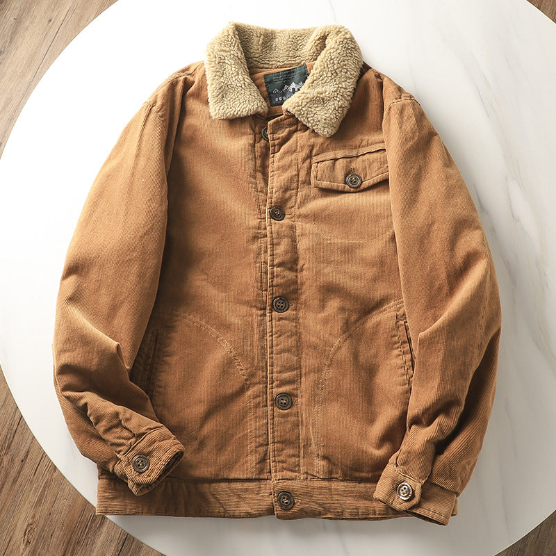 Herren  gefütterte Cordjacke mit Teddykragen, Knopfleiste und aufgesetzten Taschen EB