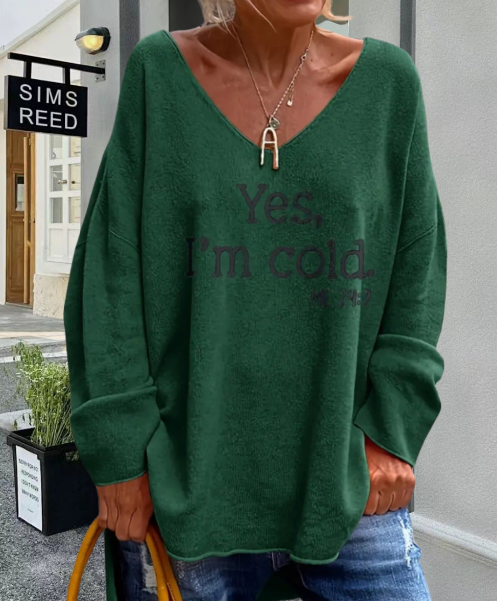 Damen Oversized Pullover mit modernem V-Ausschnitt und aufgedrucktem Statement EB