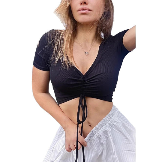 Damen Crop-Top mit modischem Raffungselement und Kordelzug EB