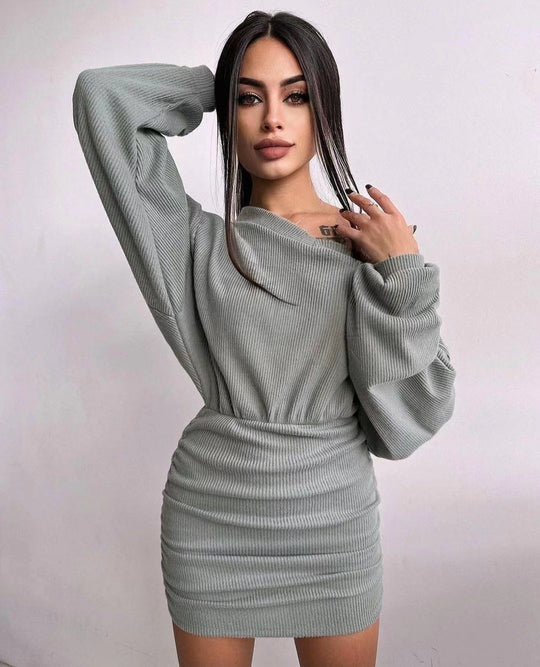 Damen lässiges Mini-Kleid mit asymmetrischem Ausschnitt und Raffung EB
