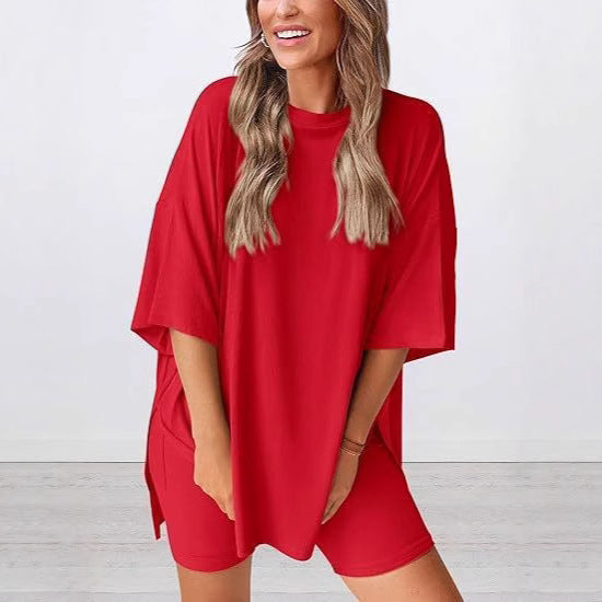 Damen Lässiges Lounge-Set mit übergroßem Oberteil und kurzen Hosen EB