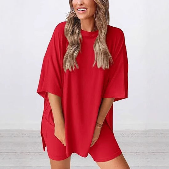 Damen Lässiges Lounge-Set mit übergroßem Oberteil und kurzen Hosen EB