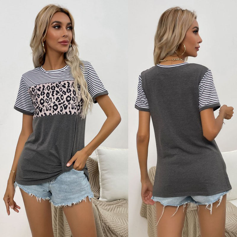 Damen modisches T-Shirt mit Leopardenmuster und gestreiften Ärmeln EB