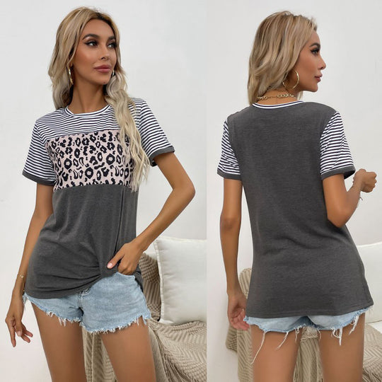 Damen modisches T-Shirt mit Leopardenmuster und gestreiften Ärmeln EB