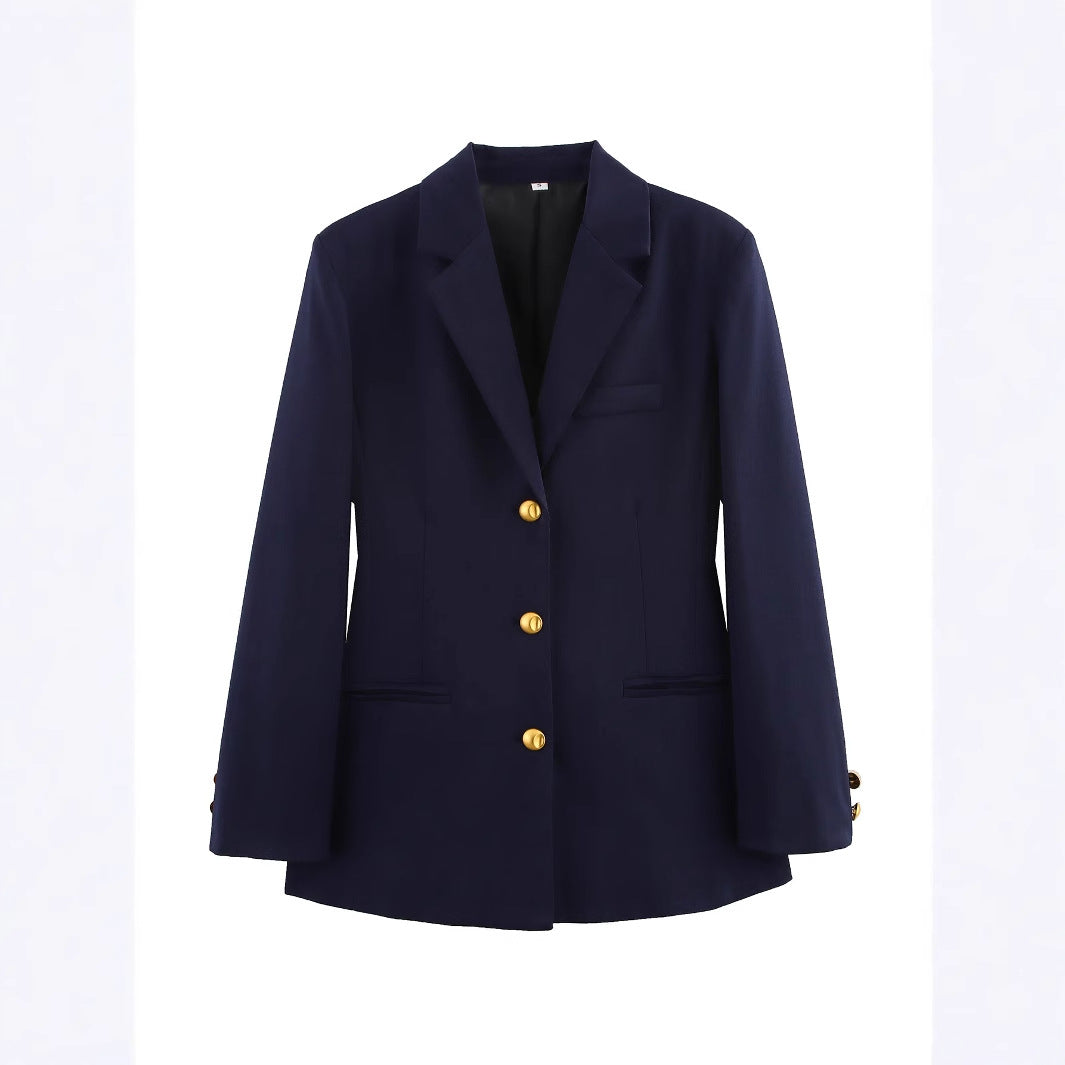 Damen elegante karierte Blazerjacke mit Goldknöpfen EB