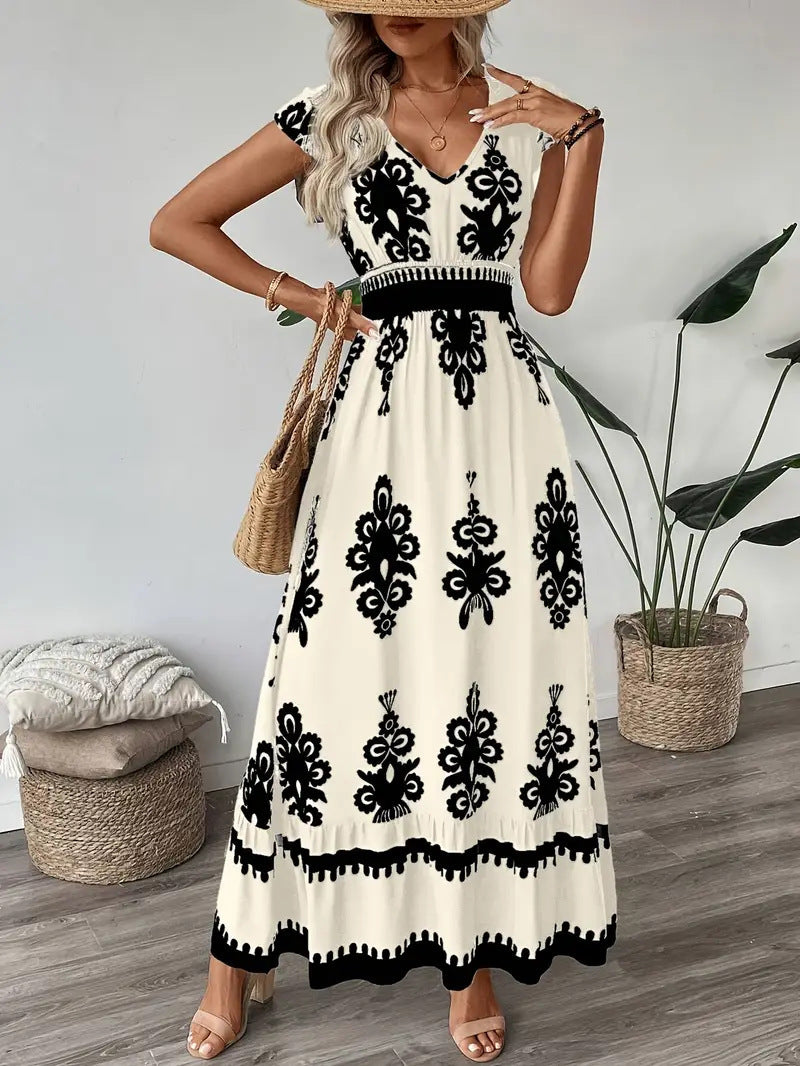 Damen Maxikleid mit V-Ausschnitt und einzigartigem floralem Design EB