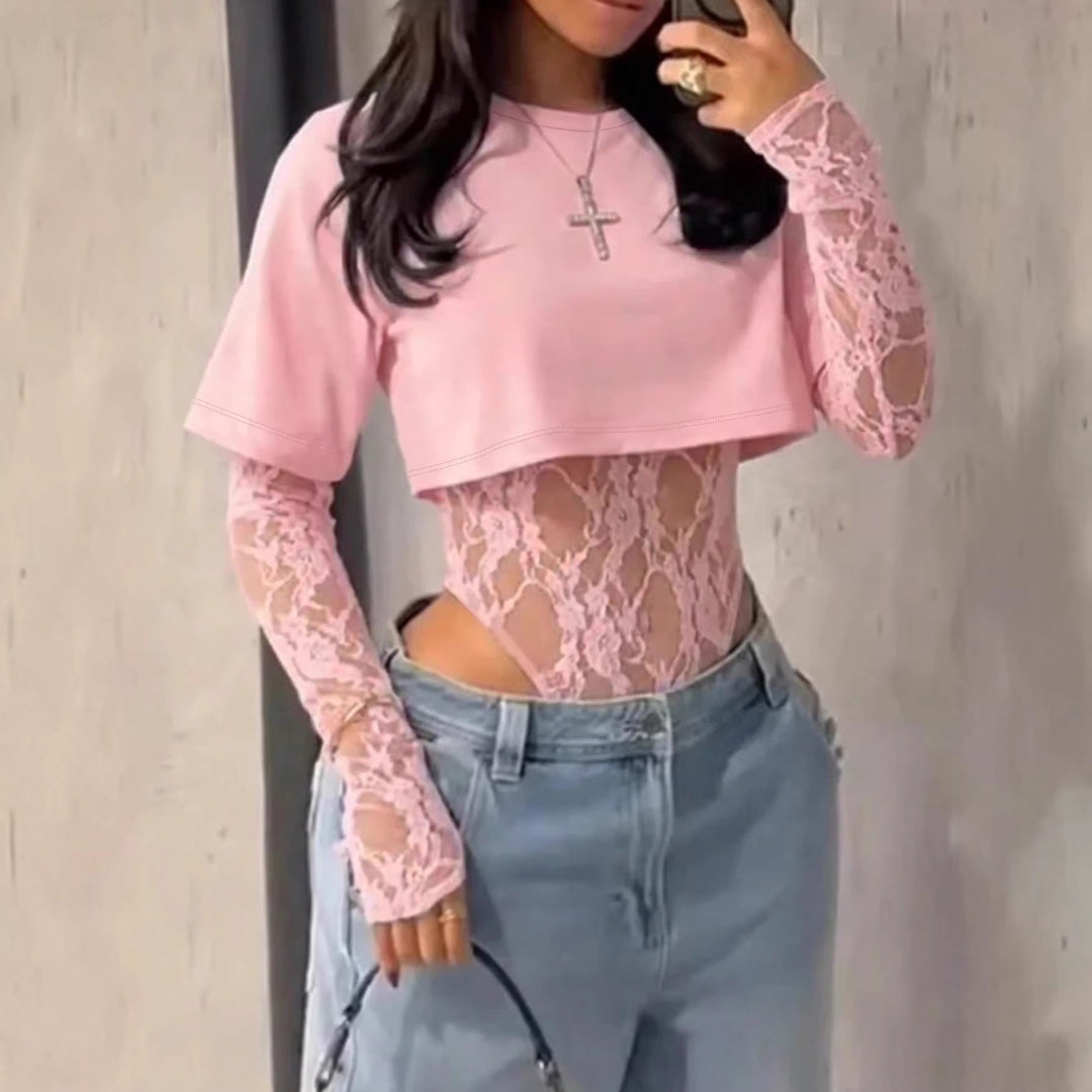 Damen Bodyshirt mit transparenten Spitzenärmeln und lässigem Schnitt EB