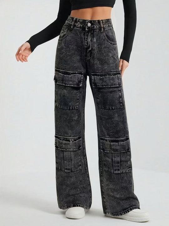 Damen nan High‑Waist Utility-Denimhose mit aufgesetzten Knie-Patches, Cargo‑Taschen und weitem Schlag EB