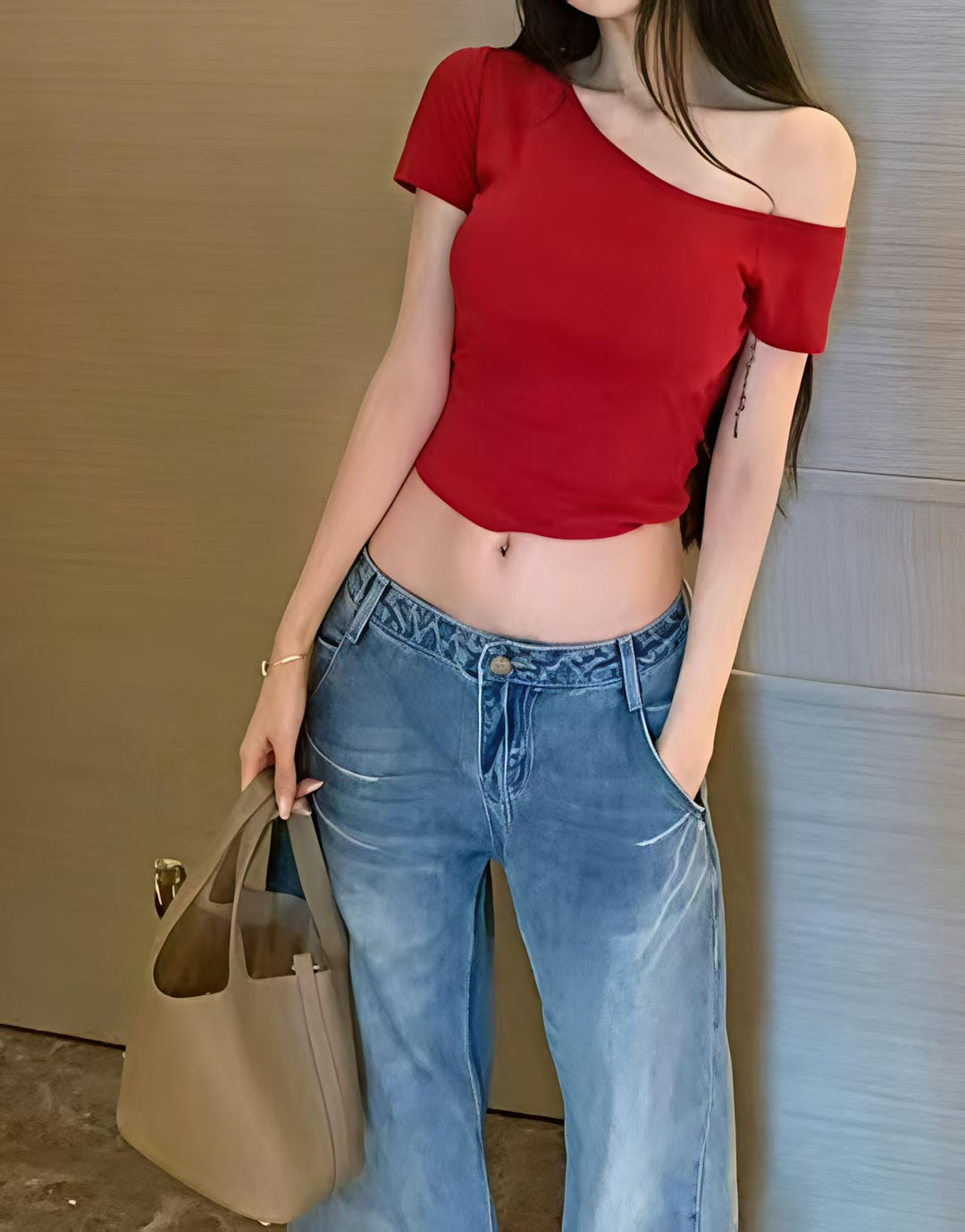 Damen lässiges Crop-Top im Off-Shoulder Stil EB
