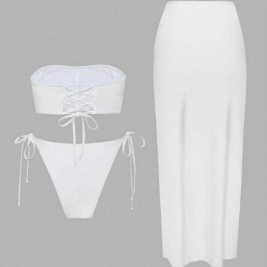 Damen Bikini-Set mit elegantem Bandeau-Oberteil und verspieltem Maxirock EB