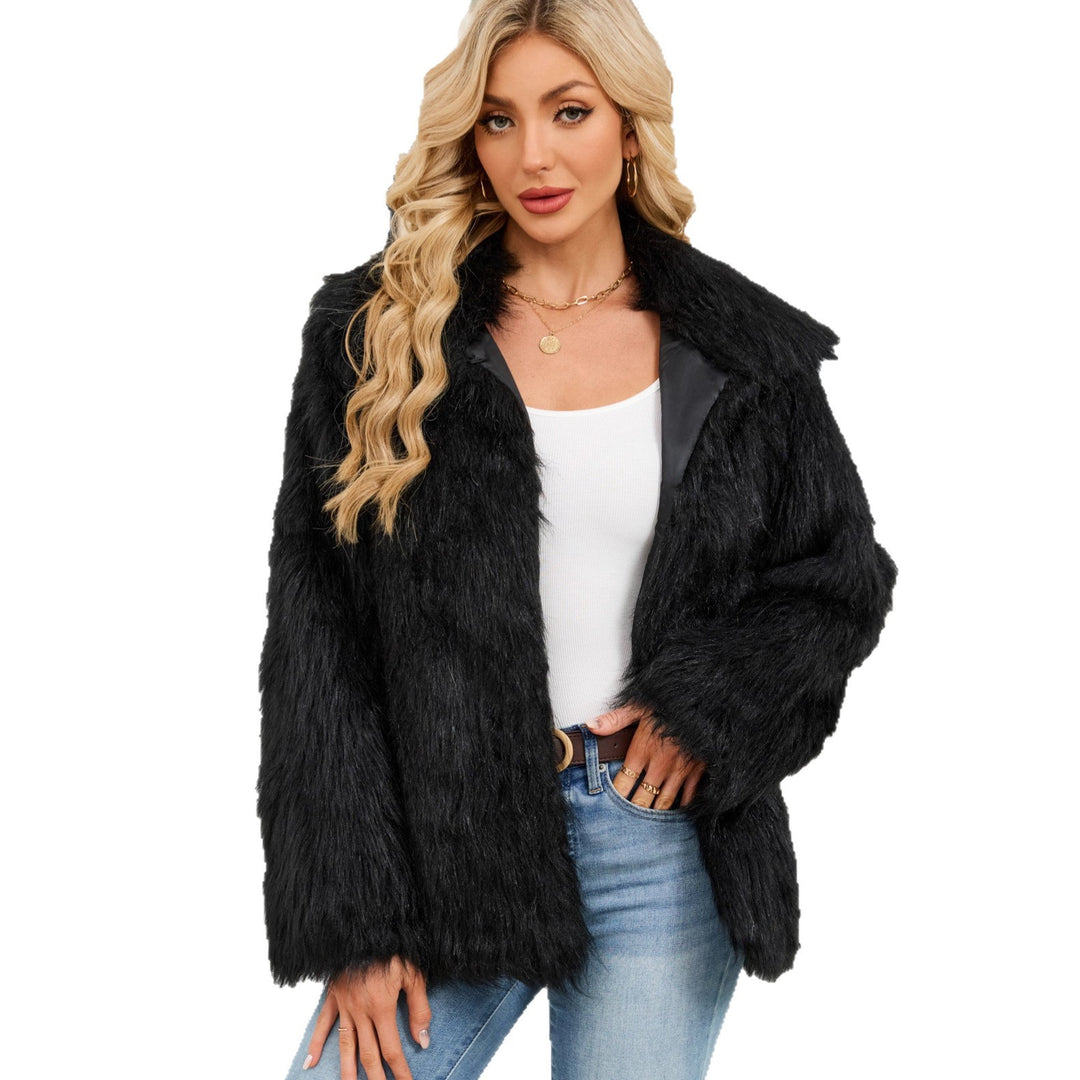 Damen Flauschige Kunstpelzjacke mit Umlegekragen und lockerer Passform EB