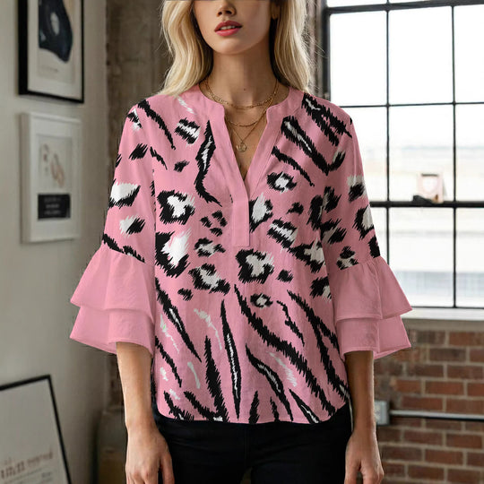 Damen Bluse mit Rüschendetails und auffälligem Animal-Print EB