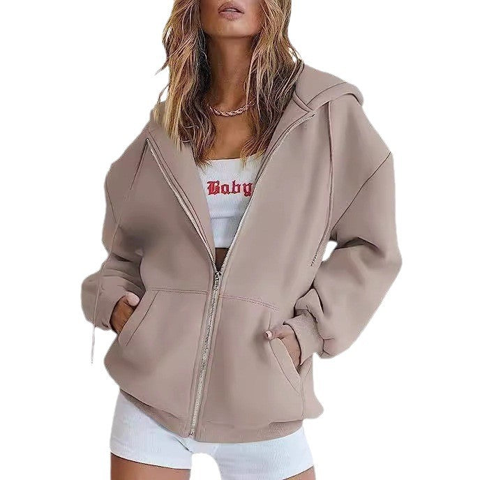 Damen nan oversized Kapuzenjacke mit durchgehendem Reißverschluss Kängurutaschen und weichem Sweatmaterial EB