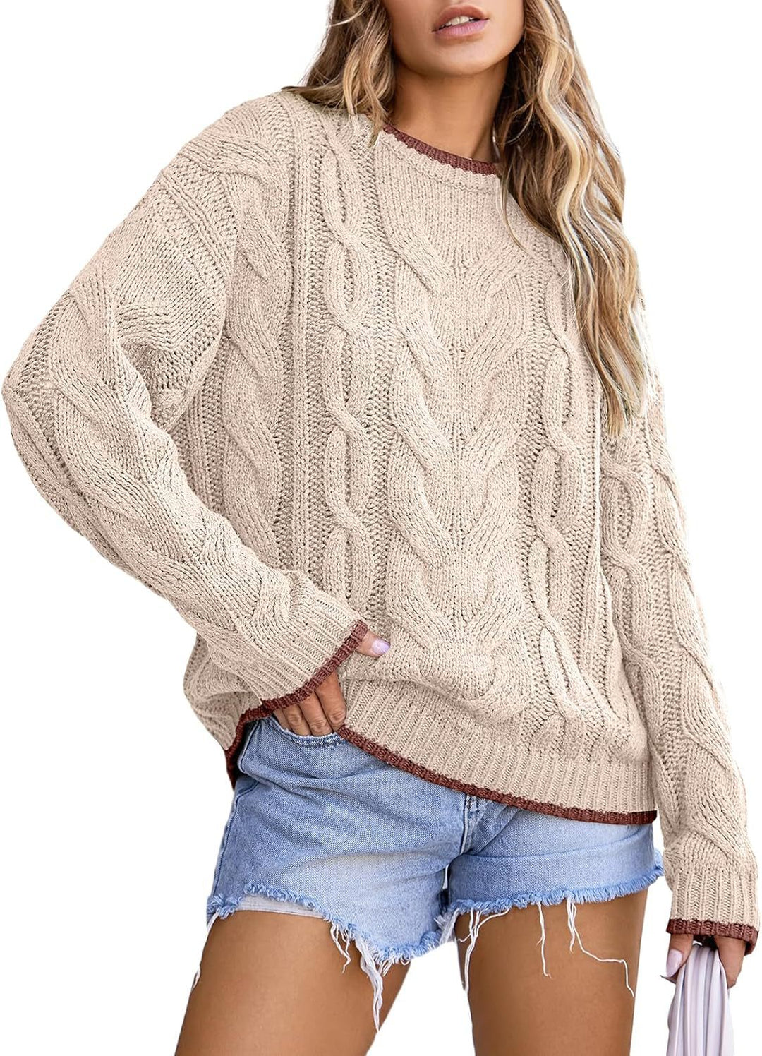 Damen Strickpullover mit grobem Zopfmuster EB