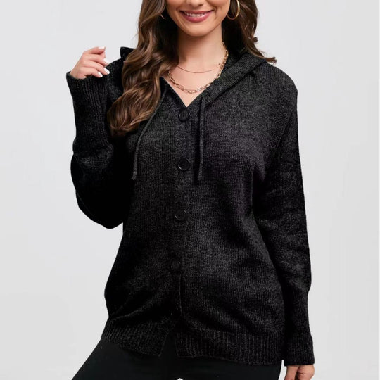 Damen lässige Strickjacke mit Kapuze und Knopfverschluss EB