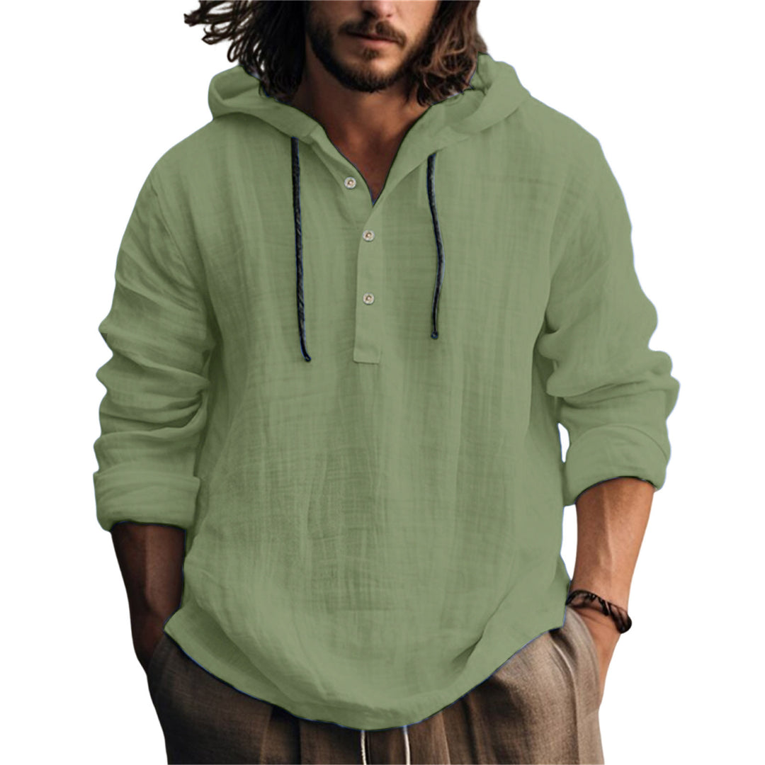 Herren nan Leichtes Kapuzenhemd im Leinenlook mit Henley-Knopfleiste EB