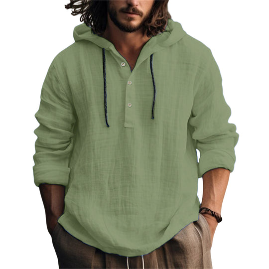 Herren nan Leichtes Kapuzenhemd im Leinenlook mit Henley-Knopfleiste EB