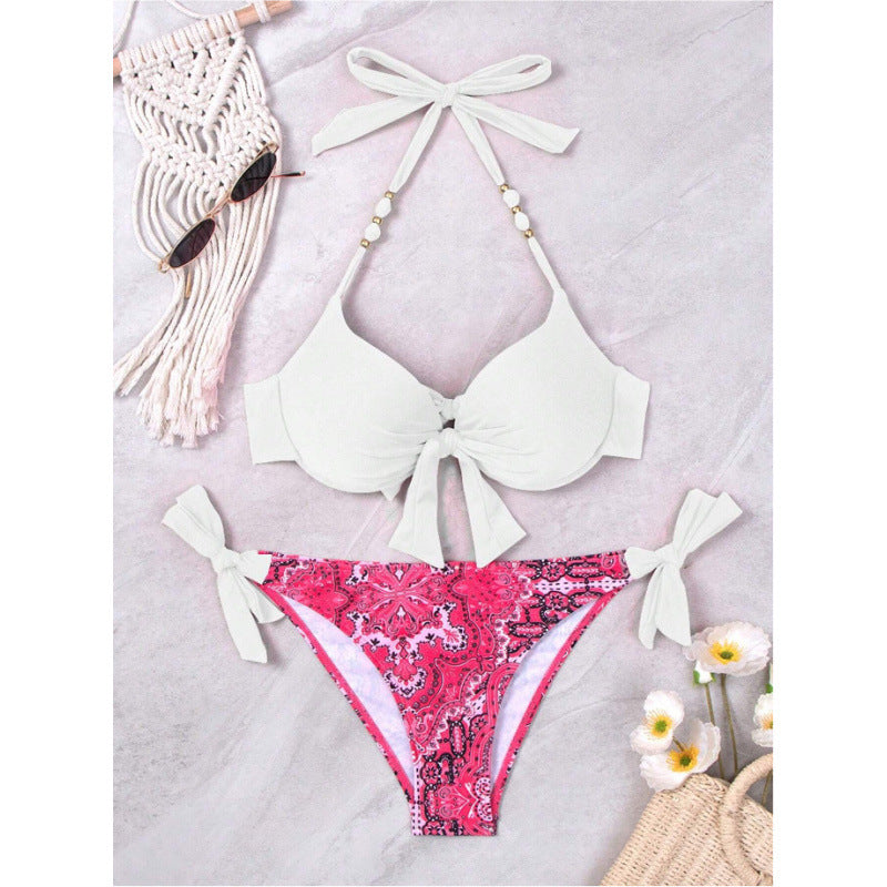 Damen Bikini-Set mit modischen Bindebändern und herausgearbeitetem Muster EB