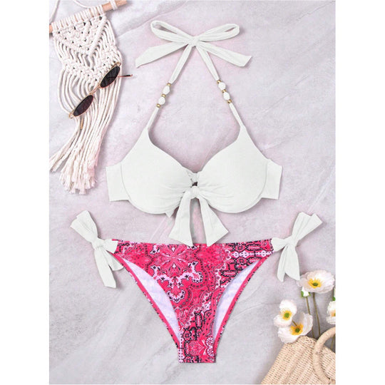 Damen Bikini-Set mit modischen Bindebändern und herausgearbeitetem Muster EB
