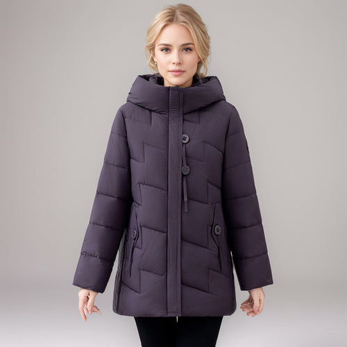 Damen modische gesteppte Winterjacke mit Kapuze und großen Taschen EB