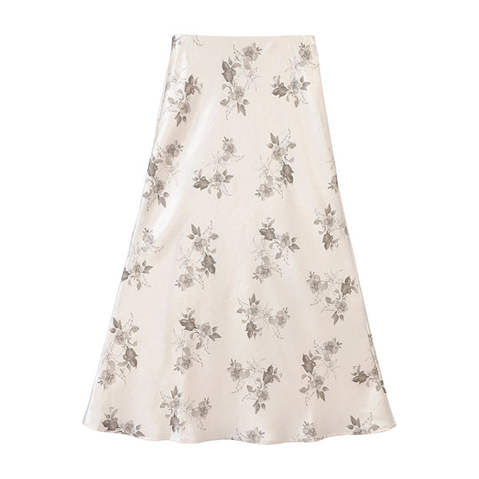 Damen  taillenhoher A-Linien-Midirock aus jacquardähnischem Satin mit floralem Relief EB