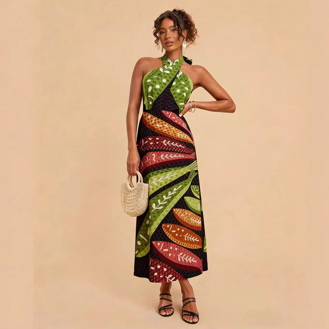 Damen Halterneck Maxikleid mit buntem Blattdesign und schwingendem Schnitt R&B