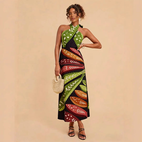 Damen Halterneck Maxikleid mit buntem Blattdesign und schwingendem Schnitt R&B