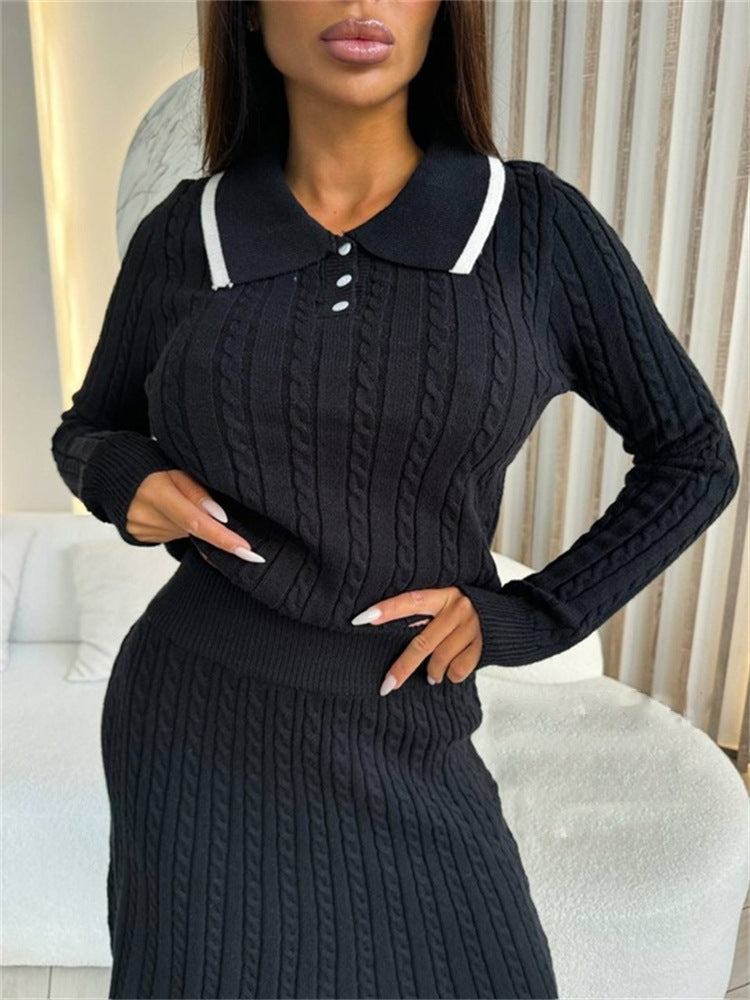 Damen Zweiteiliges Zopfstrick-Kleid mit Taillenbund und Polokragen EB