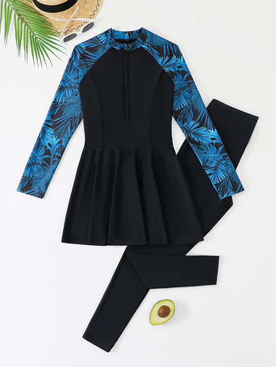 Damen Modischer Schwimmanzug mit Rock und langem Arm EB