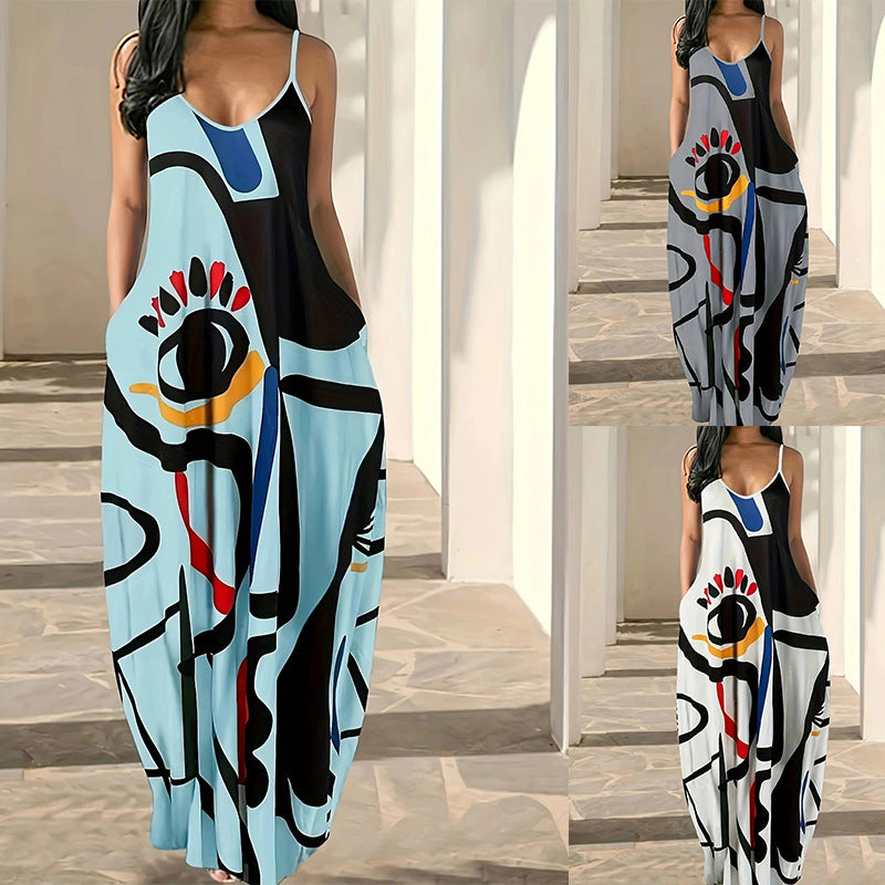 Damen Elegantes Maxikleid mit modernem abstraktem Print und fließendem Schnitt EB