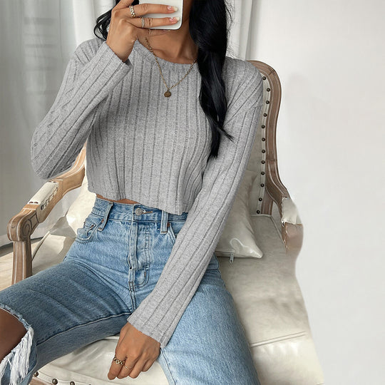 Damen kurzes geripptes Cropped-Strickoberteil mit Rundhalsausschnitt und tailliertem Schnitt Eichborn Berlin