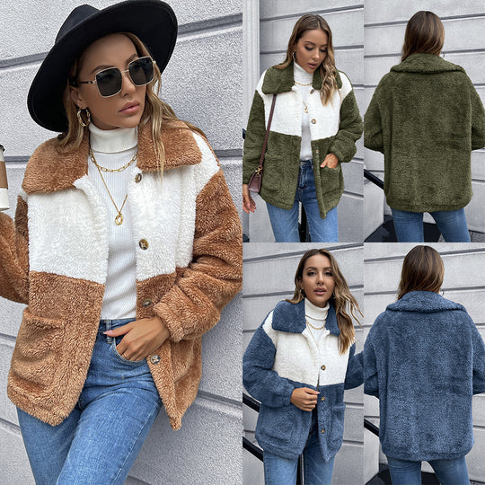 Damen Kunstfelljacke mit praktischen Taschen und modischem Farbblockdesign EB